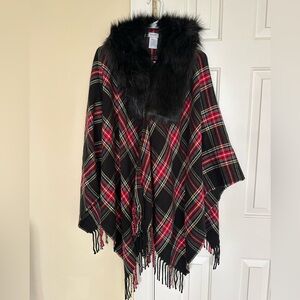 J Crew, faux fur, tartan pattern cape.  New with tags.